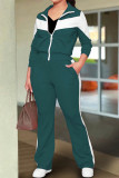 Blue Casual Pocket Patchwork Zipper Contrast Zipper Collar Long Sleeve Two Pieces