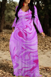 Blue Purple Elegant Floral Print Pocket Contrast V Neck Printed Dresses