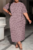 Brown Casual Geometric Print Stripe Gradient O Neck Printed Plus Size Dresses