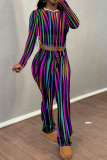 Powder Blue Casual Print Patchwork O Neck Long Sleeve Two Pieces