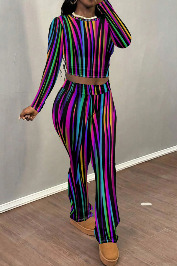 Colour Casual Print Patchwork O Neck Long Sleeve Two Pieces