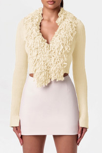 Apricot Casual Solid Color Fringed Trim Patchwork V Neck Tops