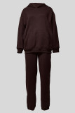 Coffee Casual Solid Color Pocket Patchwork Hooded Long Sleeve Two Pieces