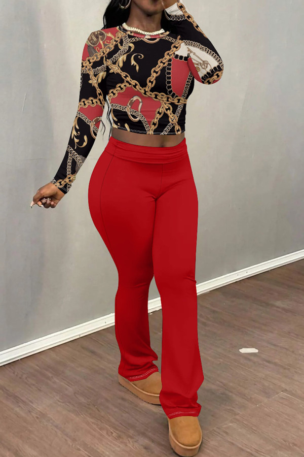 Golden Red Casual Print Patchwork O Neck Long Sleeve Two Pieces
