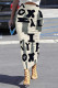 Beige Casual Street Stripe Letters Faux Denim Print Contrast Skinny High Waist Full Print Bottoms