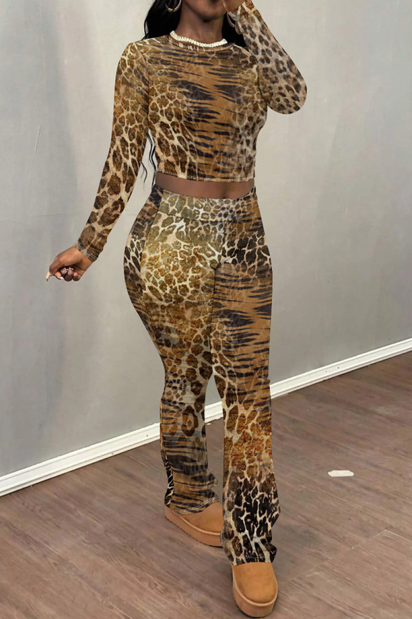 Leopard Print Casual Print Patchwork O Neck Long Sleeve Two Pieces