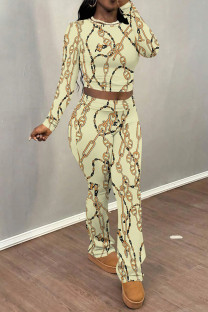 Light Yellow Casual Street Tie Dye Letters Chain print Contrast O Neck Long Sleeve Two Pieces