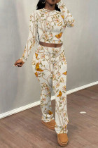 Apricot Casual Street Floral Print Tie Dye Contrast O Neck Long Sleeve Two Pieces