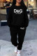 Black White Casual Street Letter Print Draw String Pocket O Neck Long Sleeve Two Pieces