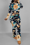 Orange Casual Street Floral Print Contrast O Neck Long Sleeve Two Pieces