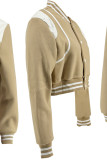 Khaki Casual Buckle Patchwork Contrast Baseball Collar Outerwear