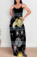 Black Gray Sexy Graffiti Print Letters Contrast V Neck Printed Dresses