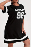 Black Casual Letters Patchwork Contrast O Neck Straight Dresses