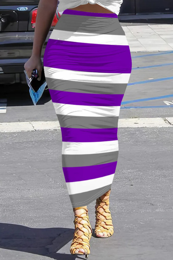 Purple Casual Stripe Patchwork Regular Mid Waist Full Print Bottoms