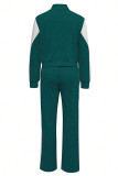 Blue Casual Pocket Patchwork Zipper Contrast Zipper Collar Long Sleeve Two Pieces