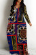 Tibetan Blue Casual Animal Print Letters Pocket Contrast V Neck Printed Dresses