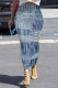 Blue Casual Street Stripe Letters Faux Denim Print Contrast Skinny High Waist Full Print Bottoms
