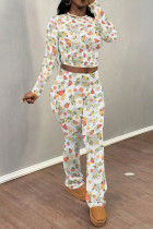 Beige Casual Street Floral Print Tie Dye Contrast O Neck Long Sleeve Two Pieces