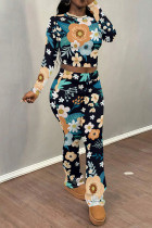 Black Casual Street Floral Print Contrast O Neck Long Sleeve Two Pieces