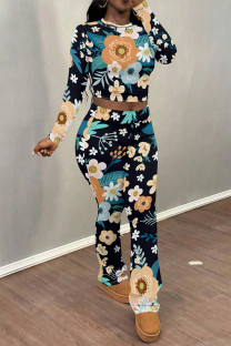 Black Casual Street Floral Print Contrast O Neck Long Sleeve Two Pieces