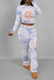 Orange Casual Street Floral Print Contrast O Neck Long Sleeve Two Pieces