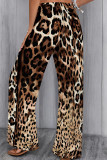 Dark Brown Casual Leopard Print Draw String Patchwork Loose Mid Waist Full Print Bottoms