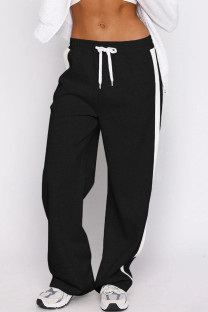 Black Casual Draw String Patchwork Contrast Loose Mid Waist Conventional Patchwork Bottoms