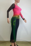 Pink Casual Print Patchwork Contrast O Neck Long Dresses