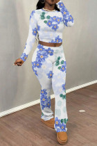 White Blue Casual Street Floral Print Contrast O Neck Long Sleeve Two Pieces