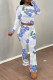 White Blue Casual Street Floral Print Contrast O Neck Long Sleeve Two Pieces