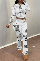 White Grey Casual Street Tie Dye Letters Chain print Contrast O Neck Long Sleeve Two Pieces
