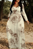 Blue Purple Elegant Floral Print Pocket Contrast V Neck Printed Dresses