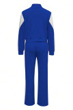 Blue Casual Pocket Patchwork Zipper Contrast Zipper Collar Long Sleeve Two Pieces