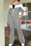 Blue Casual Pocket Patchwork Zipper Contrast Zipper Collar Long Sleeve Two Pieces