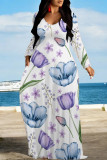 Blue Purple Elegant Floral Print Pocket Contrast V Neck Printed Dresses