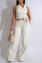 White Sexy Casual Solid Color Backless Belted Halter Sleeveless Two Pieces
