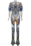 Blue Casual Print Patchwork Halter Short Sleeve Two Pieces