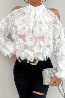 White Casual Solid Color Fringed Trim Patchwork See-Through Strap Design O Neck Tops