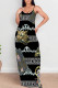 Black Brown Sexy Graffiti Print Letters Contrast V Neck Printed Dresses