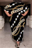 Black Gold Casual Chain print Pocket Contrast O Neck Printed Plus Size Dresses