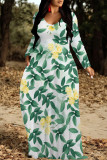 Blue Purple Elegant Floral Print Pocket Contrast V Neck Printed Dresses