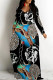Black Purple Casual Animal Print Letters Pocket Contrast V Neck Printed Dresses