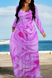 Blue Purple Elegant Floral Print Pocket Contrast V Neck Printed Dresses