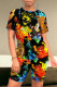 Black Casual Street Animal Print Gradient Color Letters Contrast O Neck Short Sleeve Two Pieces