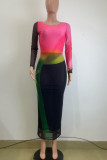Pink Casual Print Patchwork Contrast O Neck Long Dresses