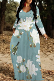 Black Green Elegant Floral Print Tie Dye Pocket Contrast V Neck Printed Dresses