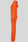 Orange Casual Solid Color Draw String Pocket Patchwork Zipper Hooded Long Sleeve Two Pieces