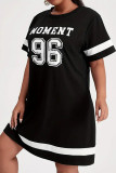 Black Casual Letters Patchwork Contrast O Neck Straight Dresses