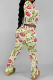 Apricot Casual Street Floral Print Tie Dye Contrast O Neck Long Sleeve Two Pieces