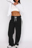 Black Casual Draw String Patchwork Contrast Loose Mid Waist Conventional Patchwork Bottoms